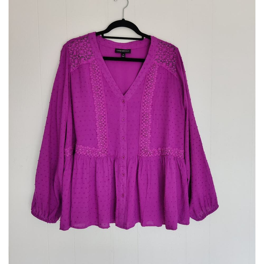 Lane Bryant Bright Fuchsia Lace-Trim Button Blouse